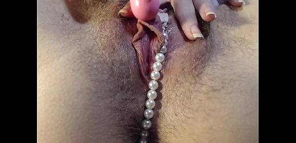  dripping wet big clit rubbing masturbation with pearl panties on close up orgasm